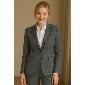 Holland and Sherry Bespoke Grey And Charcoal Plaid Blazer for women. Small